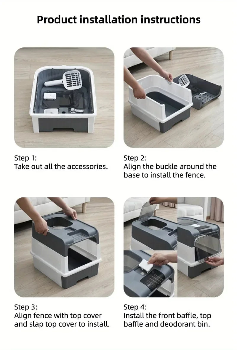 Portable Collapsible Cat Litter Pan with Splash Guard and Plastic Scoop - Pet Litter Box with Lid, Easy to Clean and Assemble