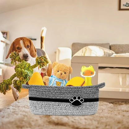Pet Toy Storage Basket with Handle. Handmade Weaving with Dog Paw Prints. Can Also Store Children's Toys and Miscellaneous Items