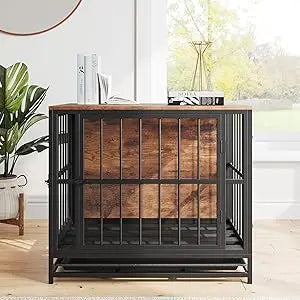 Dog Crate Furniture,Wooden Dog Kennel Indoor,Heavy Duty Dog Cage with Removable Tray, Dog House Double Doors Pet Crate Side
