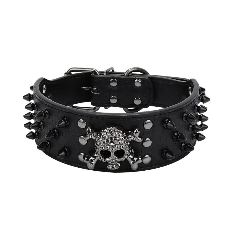 Skull Spiked Studded Leather Dog Collar For Medium Large Dogs Bulldog Adjustable Anti-Bite Neck Strap Collars Leash Accessories