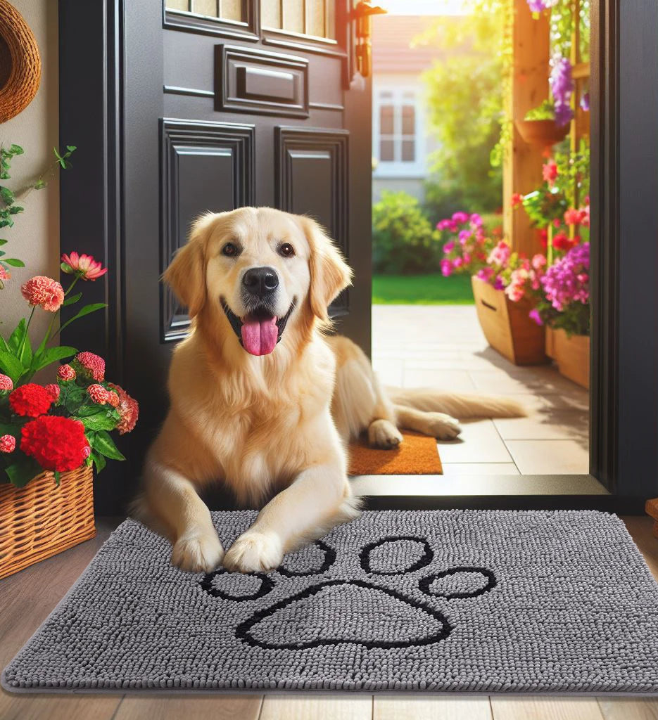 Kitinjoy Ultra Absorbent Chenille Mud Doormat With Paw Print Design Non-Slip Quick-Dry Washable Mats Door Mat for Muddy Dog Paws