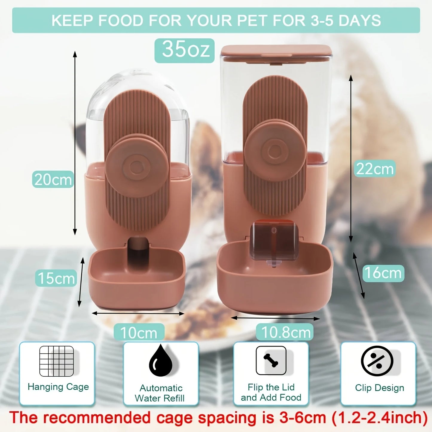 Cage-type automatic hanging pet cat feeder and waterer, gravity-fed automatic feeding and drinking bowl set, suitable for rabbit