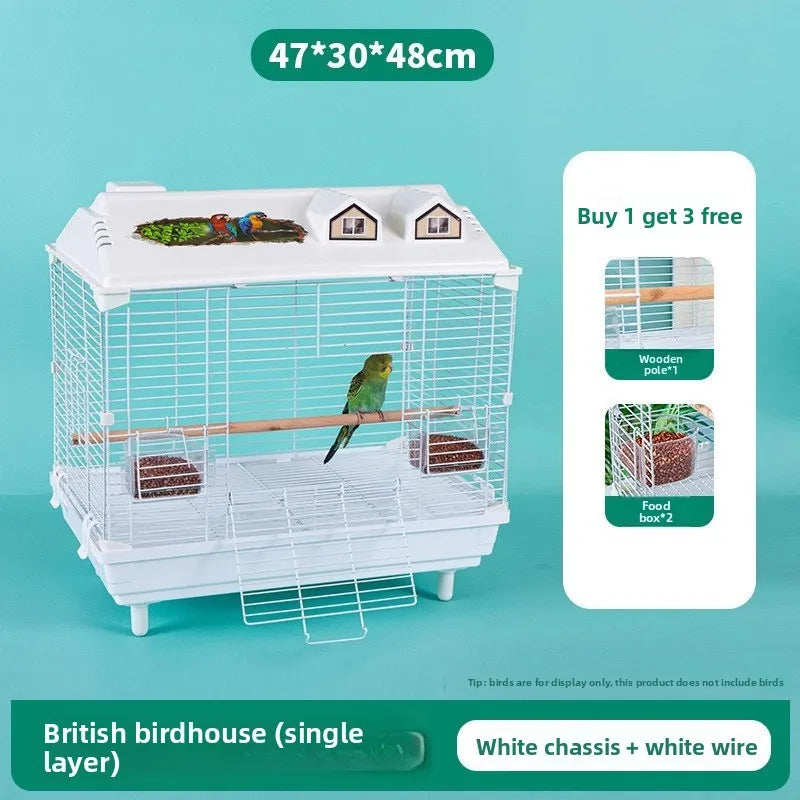 Birdcage for Budgerigars - Large Villa-Style British-Inspired Metal Display Cage with Horizontal Wire Base for Parakeets