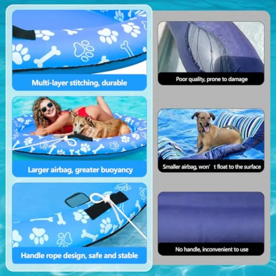 59'' x 39'' Inflatable Dog Pool Float with Rope - Tear Resistant Ox Material Blue Color Stable Support for Small Medium Large D