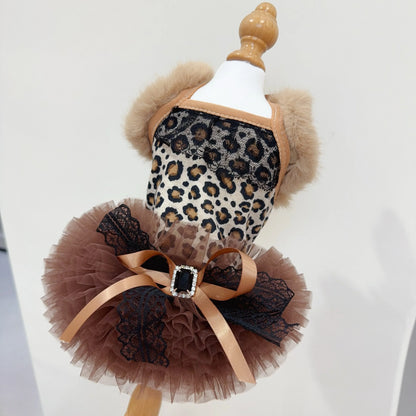 Retro Coffee Leopard Puppy Costumes Autumn Winter Plush Lace Bow Sling Dresses for Small Medium Dog Fashion Casual Pet Clothes