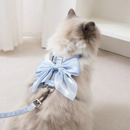 Cat Harness and Leash Set with Big Bow, Escape Proof Reflective Kitten Lead, Adjustable H-Type Vest for Walking, Cute Shiny