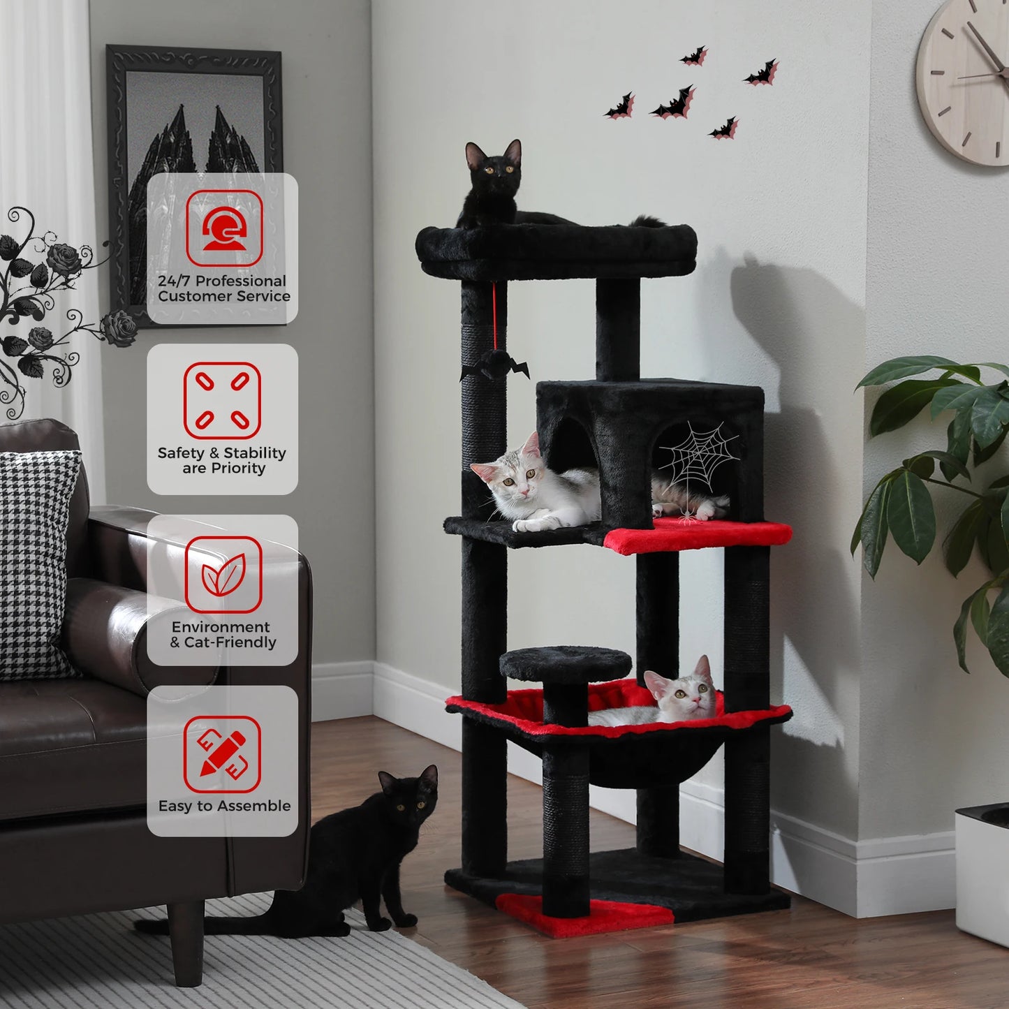 Gothic Cat Tree for Indoor Cats, Tall Cat Tower with Super Large Hammock, Sisal Covered Scratching Post Cozy Condo Top Perch