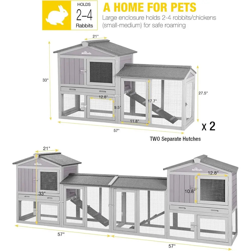 Indoor/Outdoor Rabbit Cage with Double Set Deep Leakproof Plastic Base - Grey