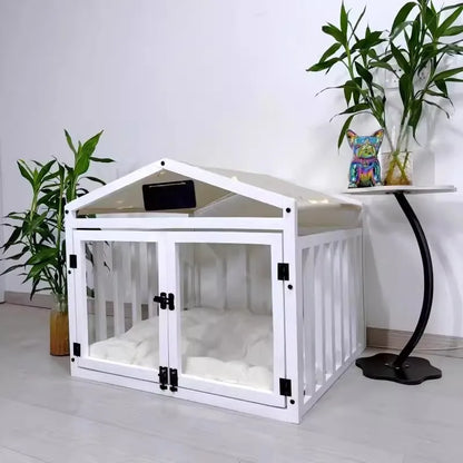 Solid Wood Luxury Dog House Indoor Pet House Removable Washable Dog Fence Double Door Dog Cage Portable Waterproof Pet Bed