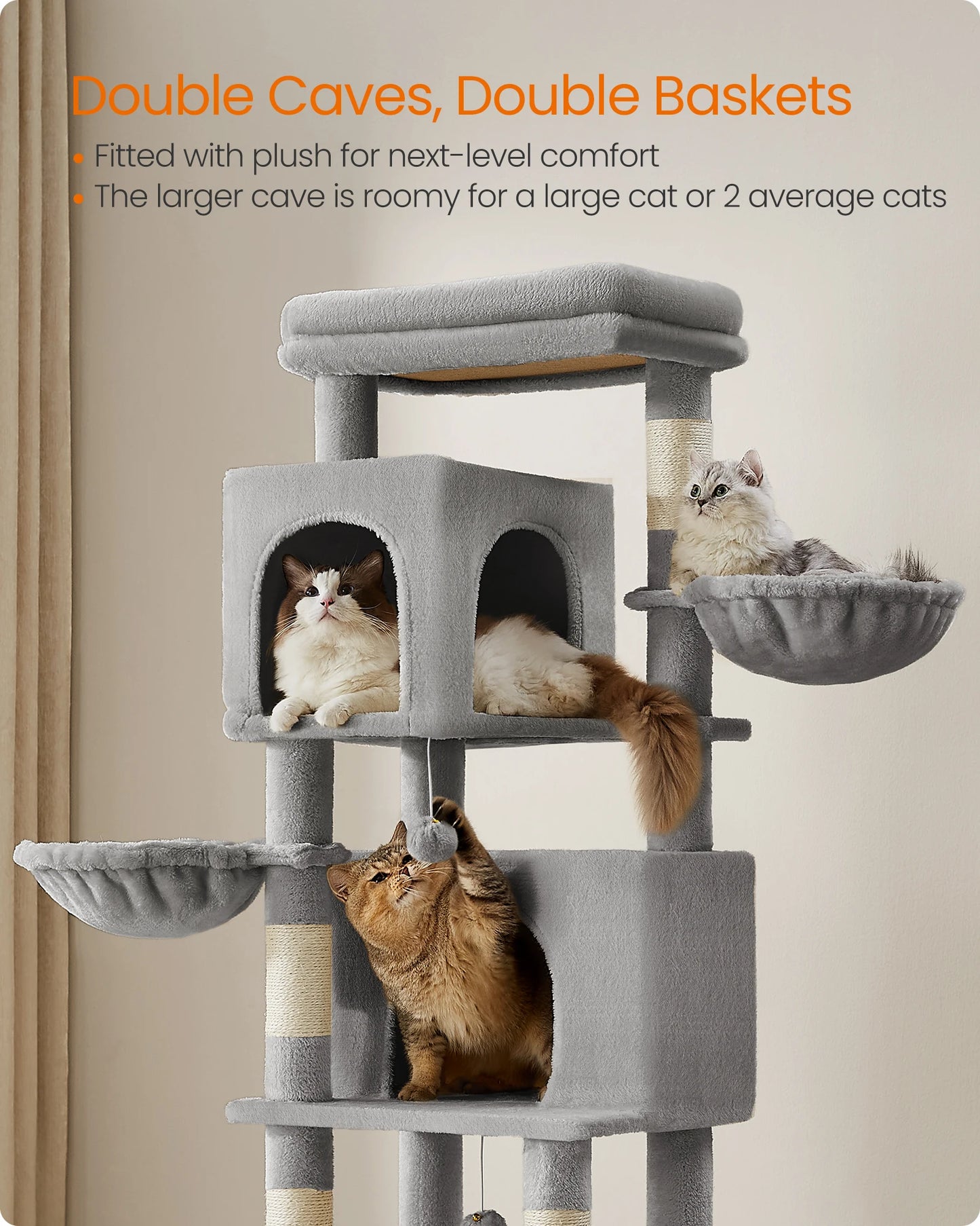 Feandrea Large Cat Tree, 175 cm Tall Cat Tower, Multi-Level Cat Condo with 2 Caves, 2 Baskets, 5 Scratching Posts