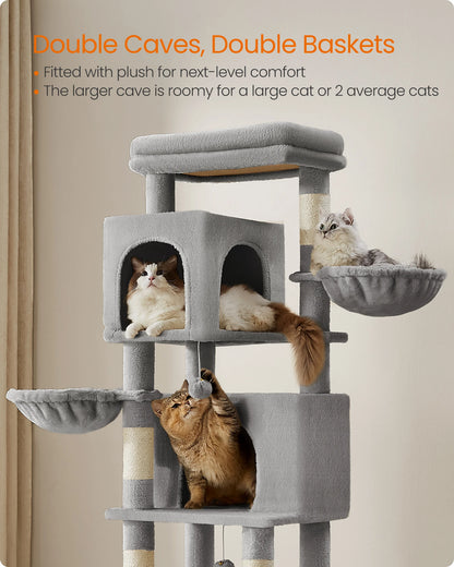 Feandrea Large Cat Tree, 175 cm Tall Cat Tower, Multi-Level Cat Condo with 2 Caves, 2 Baskets, 5 Scratching Posts