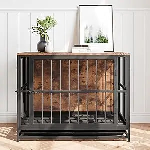 Dog Crate Furniture,Wooden Dog Kennel Indoor,Heavy Duty Dog Cage with Removable Tray, Dog House Double Doors Pet Crate Side