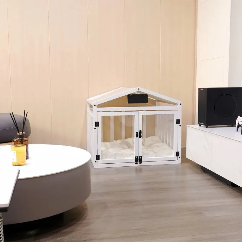 Solid Wood Luxury Dog House Indoor Pet House Removable Washable Dog Fence Double Door Dog Cage Portable Waterproof Pet Bed