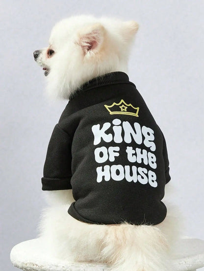 1pc Crown and letter printed black pet round neck sweatshirt, warm thick cat and dog round neck T-shirt