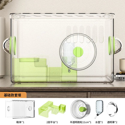 Acrylic Hamster Cage Transparent Habitat with Silent Running Wheel Large Space Enclosure for Hamster Easy-Clean Animal Home