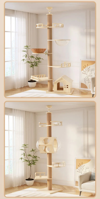 YXT Cat Tree with Cat Nest & Perch – Multi-Cat Shared, All-in-One Floor-to-Ceiling Cat Scratching Po