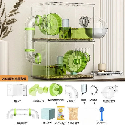 Acrylic Hamster Cage Transparent Habitat with Silent Running Wheel Large Space Enclosure for Hamster Easy-Clean Animal Home