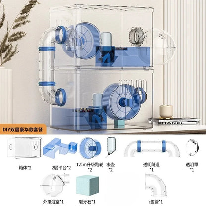 Acrylic Hamster Cage Transparent Habitat with Silent Running Wheel Large Space Enclosure for Hamster Easy-Clean Animal Home