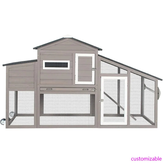 Large Outdoor Chicken Coop with Mobile Nesting Box, Backyard Wooden Poultry House, UV-Resistant Asphalt Roof