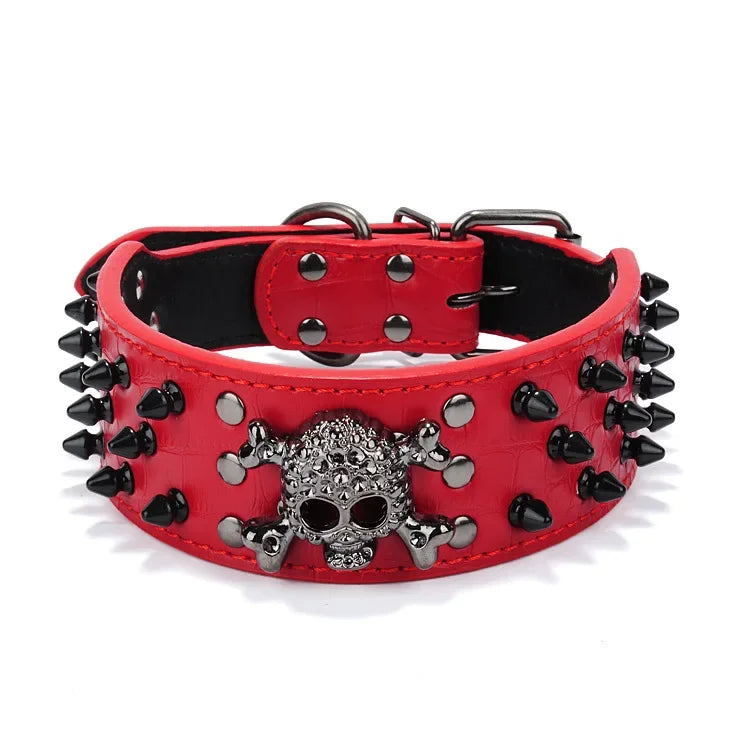Skull Spiked Studded Leather Dog Collar For Medium Large Dogs Bulldog Adjustable Anti-Bite Neck Strap Collars Leash Accessories