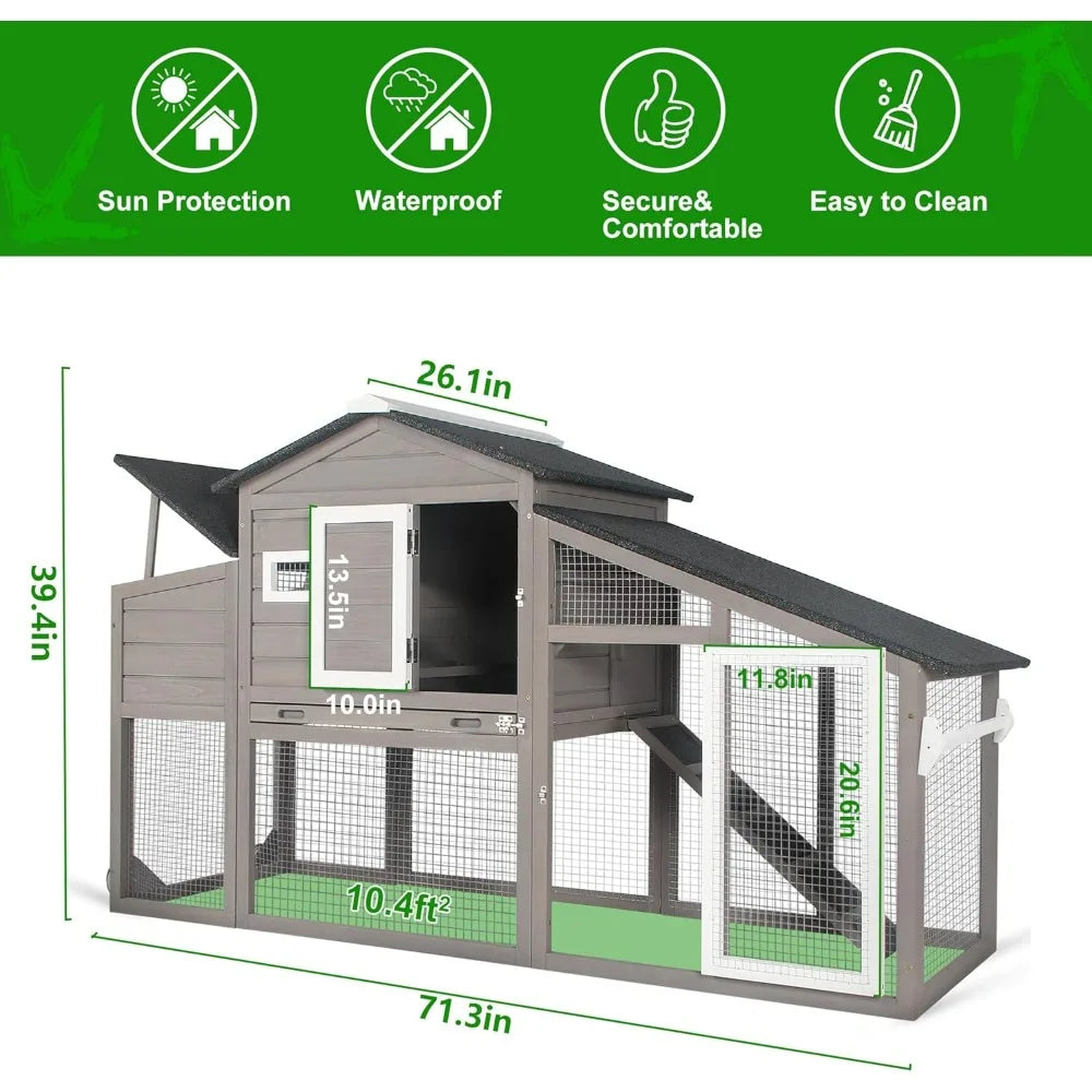 Large Outdoor Chicken Coop with Mobile Nesting Box, Backyard Wooden Poultry House, UV-Resistant Asphalt Roof
