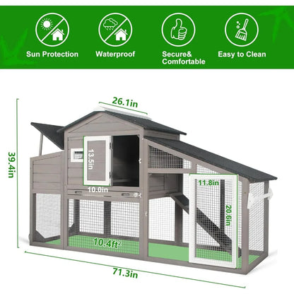 Large Outdoor Chicken Coop with Mobile Nesting Box, Backyard Wooden Poultry House, UV-Resistant Asphalt Roof