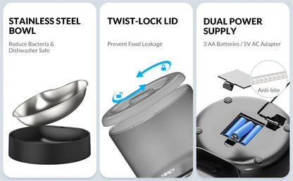 Automatic Cat Feeders, 4L Timed Cat Dry Food Dispenser, Dual Power Supply, Programmable Portion Control, Auto Pet Feeder