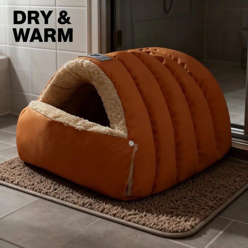 Cat Bed Semi Enclosed Winter Cat and Dog Bed with Leather Edging Windproof and Warm Small Animals in Cold Weather