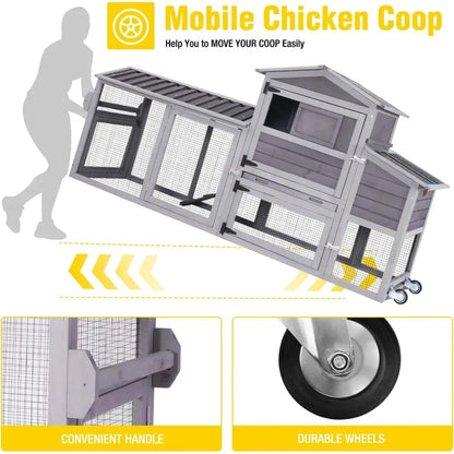 Portable 80 Chicken House with Wheels, Nesting Box, and Outdoor Run for Poultry