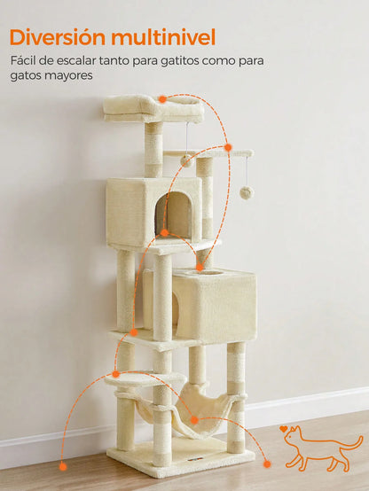 Feandrea 155cm Cat Tree: Indoor tower with 5 posts, 2 caves, hammock, 2 pompoms, Beige.
