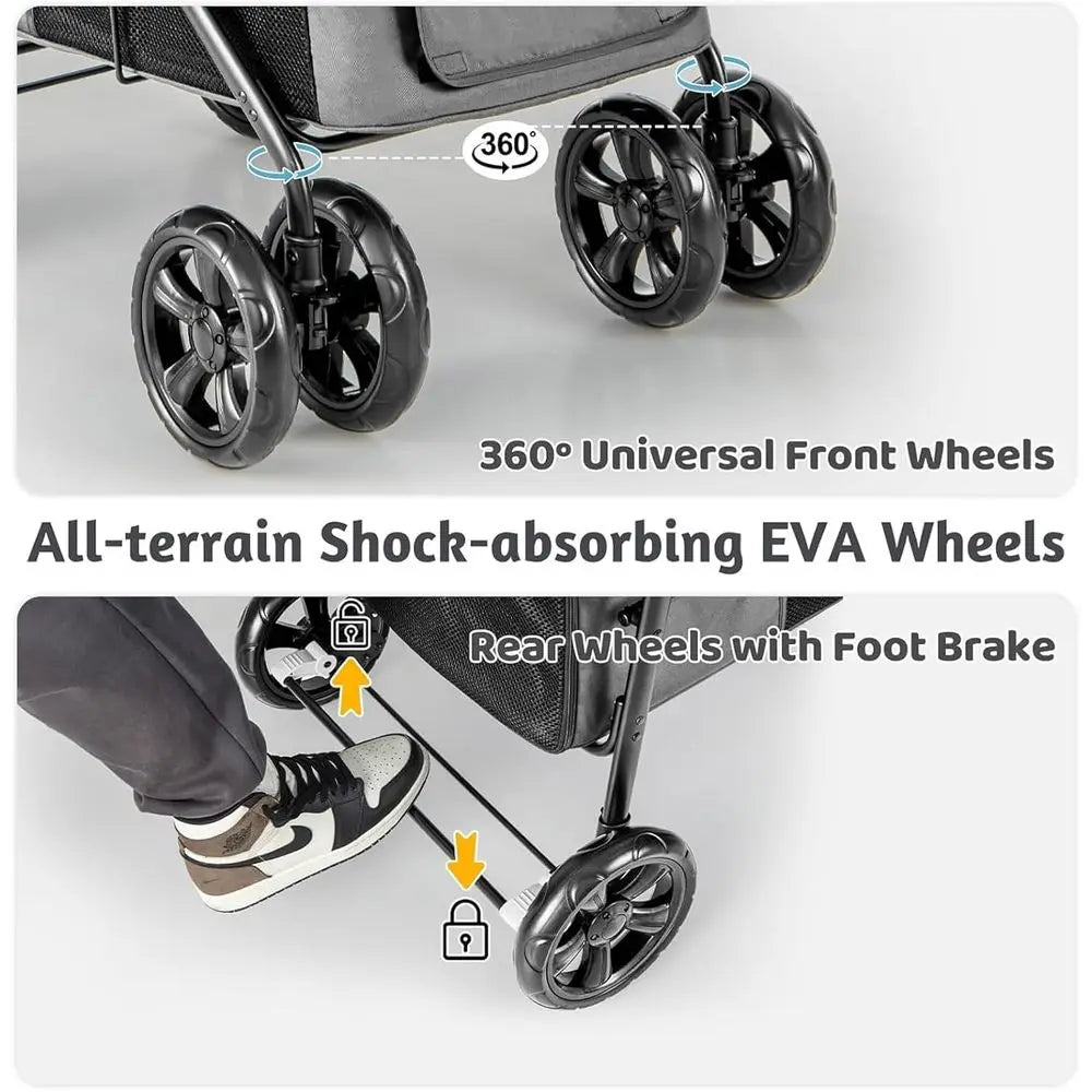 Multi-Entrance Pet Stroller with 4 Shock-Absorbing Wheels, Side Pockets, Safety Strap for Dogs and Cats