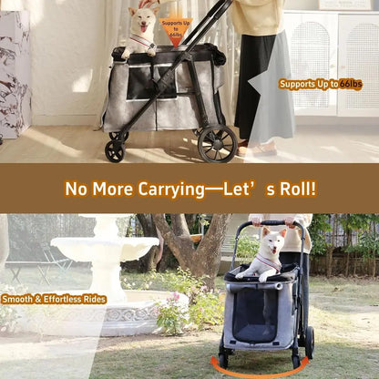 Multi-Pet Medium Dog Stroller, 4-Wheel, Holds 4 Dogs up to 40lbs, Folding, Smooth Tires, Sunshade & Storage (Gray)