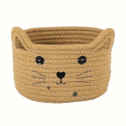 Cat Basket Storage Woven Basket Organizer with Ears Decorative Pet Toy Cute Basket Cotton Rope Basket for Gift Cat Dog Toy Bin