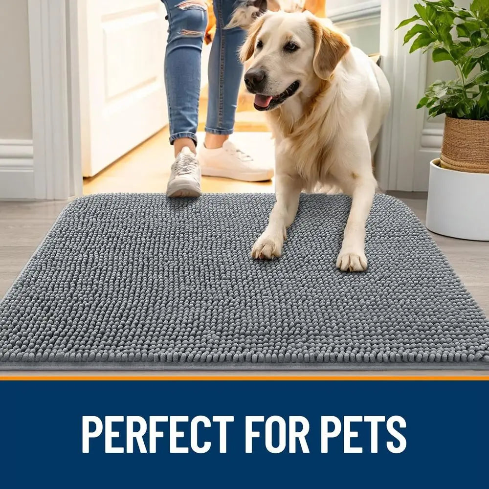 Mud-Resistant 54x32 Door Mat for Dogs, Moisture-Absorbing, Non-Slip, Washable, Quick-Dry Chenille Mat for Indoor Entryways, Grey