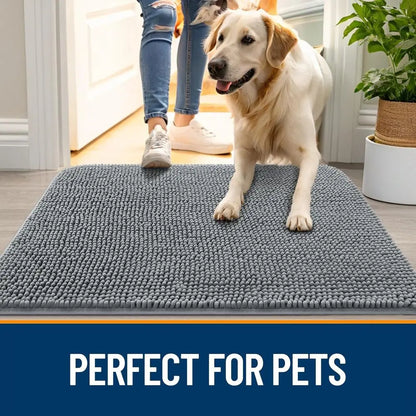 Mud-Resistant 54x32 Door Mat for Dogs, Moisture-Absorbing, Non-Slip, Washable, Quick-Dry Chenille Mat for Indoor Entryways, Grey