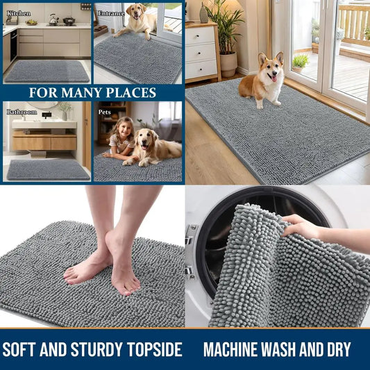 Mud-Resistant 54x32 Door Mat for Dogs, Moisture-Absorbing, Non-Slip, Washable, Quick-Dry Chenille Mat for Indoor Entryways, Grey