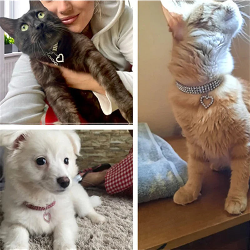 2025 New Cat Dog Collar Three Row Elastic Rhinestone Pet Collars Love Decoration Necklace Puppy Kitten Ornament Pets Supplies