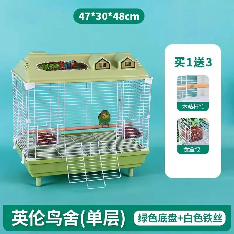 Birdcage for Budgerigars - Large Villa-Style British-Inspired Metal Display Cage with Horizontal Wire Base for Parakeets