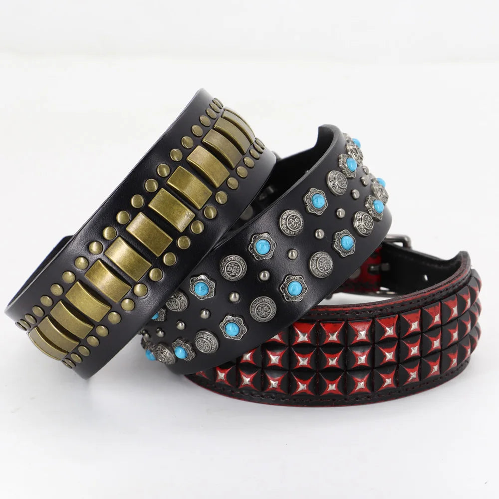 Luxurious Dog Real Leather Collar Cool Spiked Studded Pet Collars Jeweled Leather Dogs Collars Necklace For Pet Show Bulldog