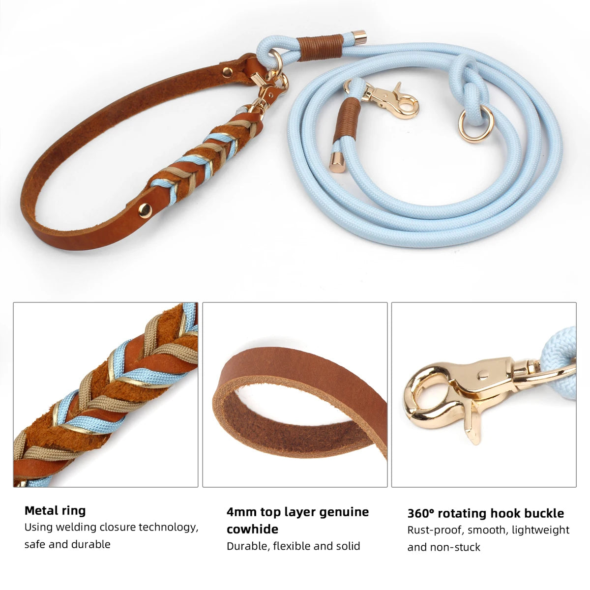 Genuine Leather Dog Leashes Multifunctional Hand-woven Crossbody And Waist Traction Rope Long And Short Nylon Round Lead Rope