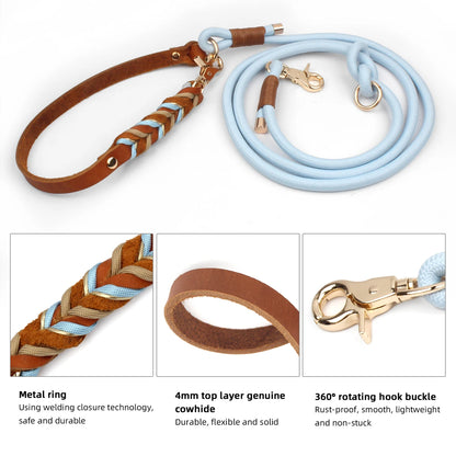 Genuine Leather Dog Leashes Multifunctional Hand-woven Crossbody And Waist Traction Rope Long And Short Nylon Round Lead Rope