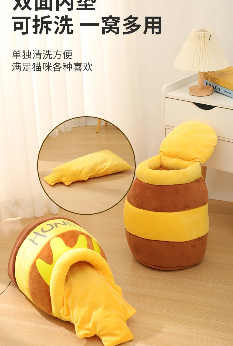 Cat Bed Warm Comfortable Kennel Nest Pet Cat Bed Soft Removable Cushion Nonslip Bottom Cartoon Washable House Honey Pot Cave