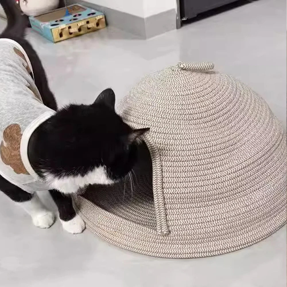 Cat Bed Scratcher Linen-cotton Weaving Kitten Cat Nests Pet Kittens Puppy Semi Enclosed Warm Safe Sleeping Bed with Handle