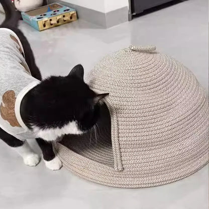 Cat Bed Scratcher Linen-cotton Weaving Kitten Cat Nests Pet Kittens Puppy Semi Enclosed Warm Safe Sleeping Bed with Handle