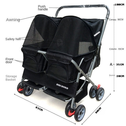 Ultra-light Two-seat Pet Stroller with Double Sleeping Bed Car - Removable Washable Widening Care for Cats And Dogs