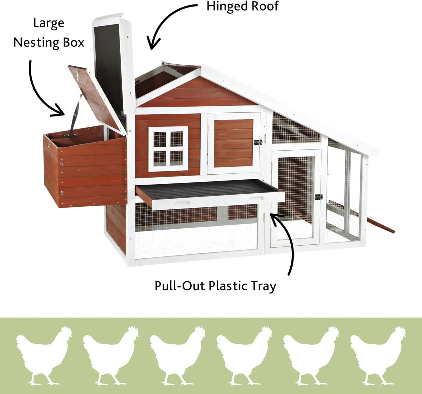 natura chicken coop with outdoor run – outdoor hen house with two nesting boxes – easy to clean chicken pen, pull-out plastic t