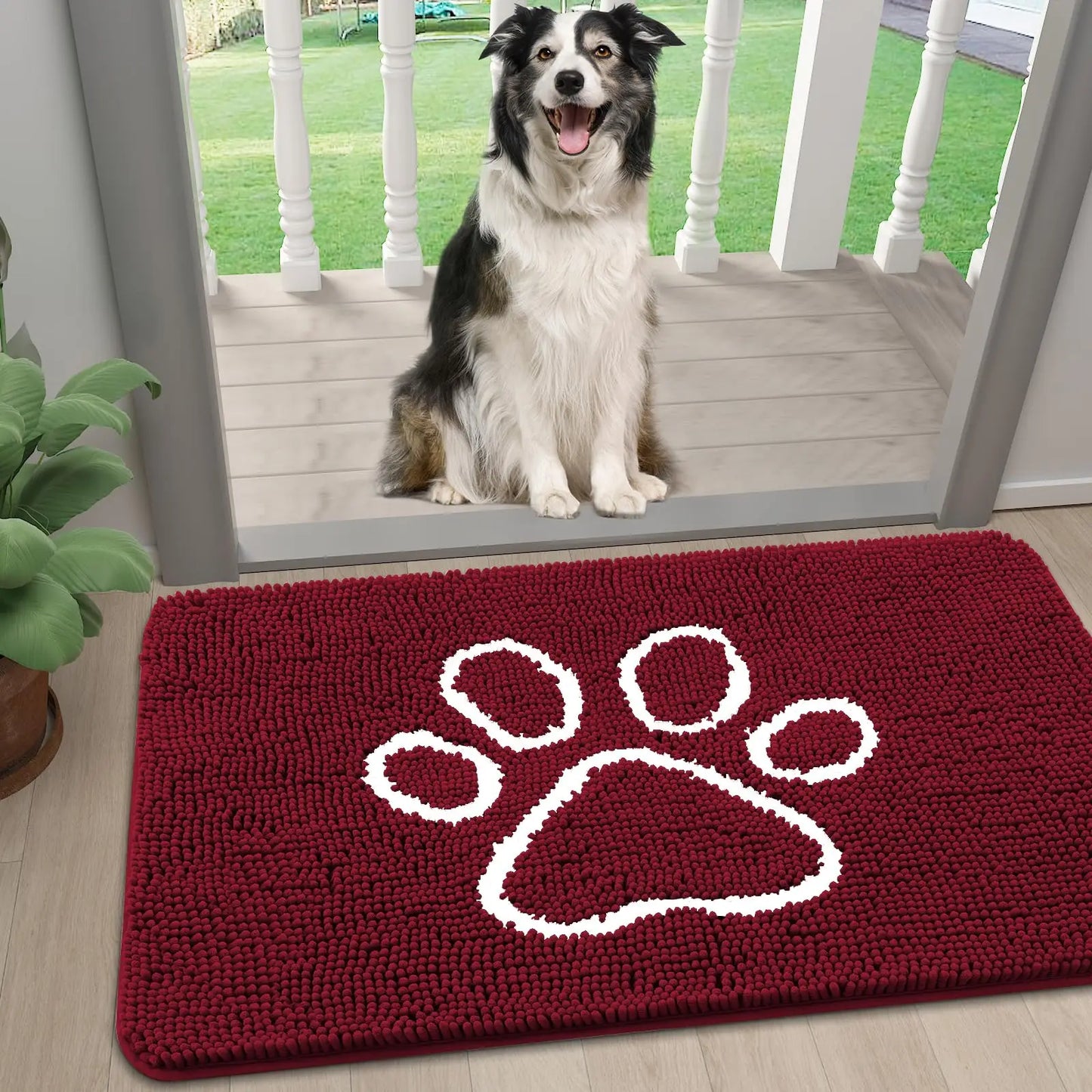 Kitinjoy Ultra Absorbent Chenille Mud Doormat With Paw Print Design Non-Slip Quick-Dry Washable Mats Door Mat for Muddy Dog Paws