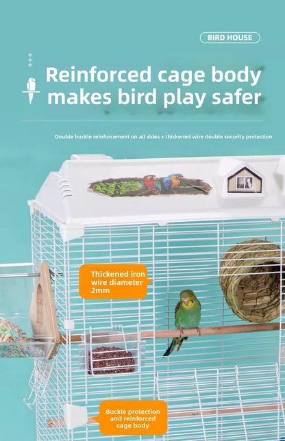 Birdcage for Budgerigars - Large Villa-Style British-Inspired Metal Display Cage with Horizontal Wire Base for Parakeets