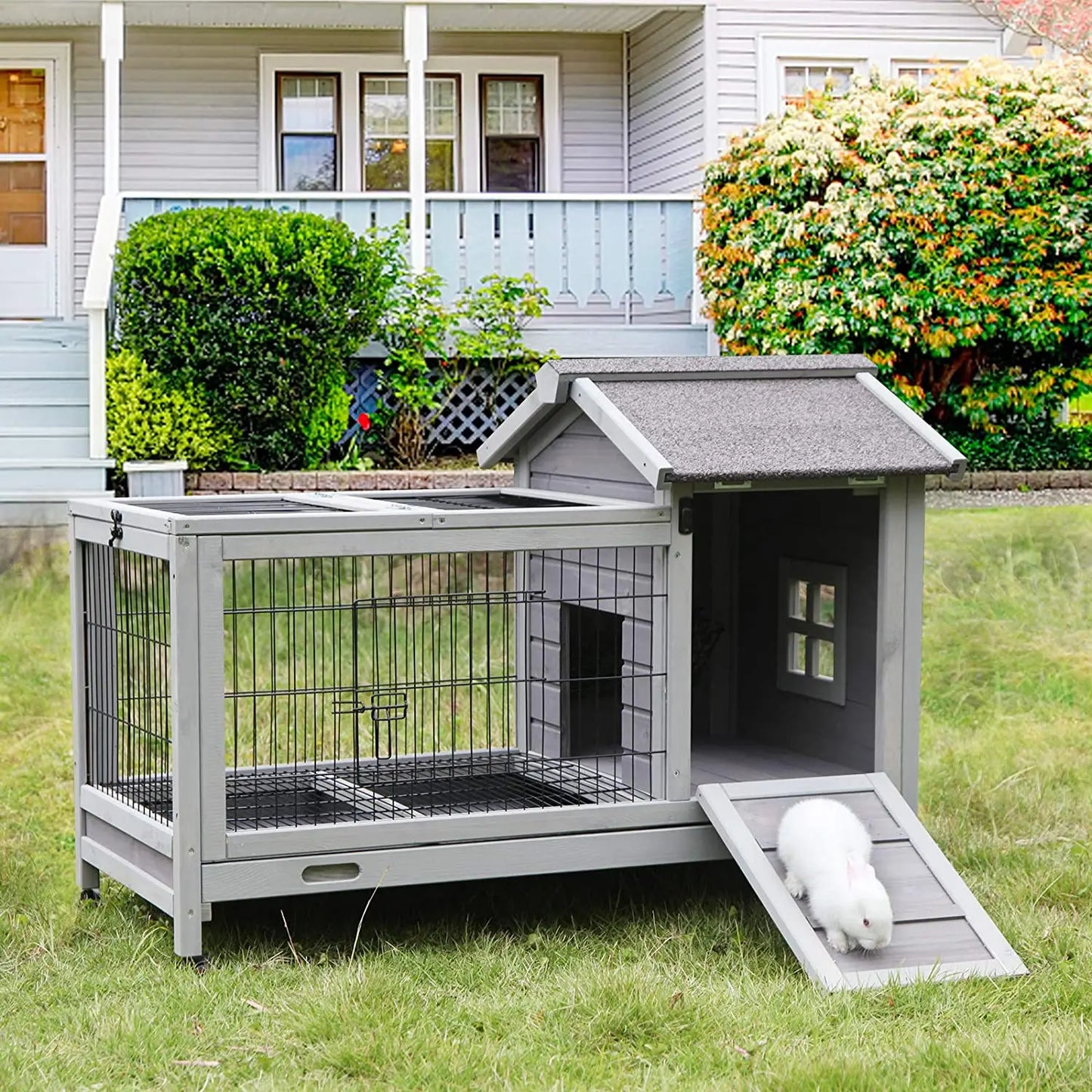 Deluxe Large Wooden Bunny Rabbit Breeding Hutches Chicken Coop W/Outdoor Run Animal Cage