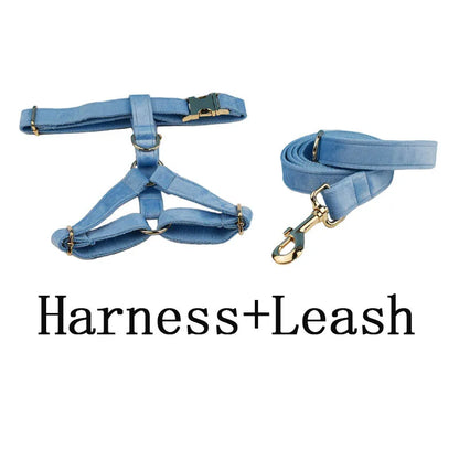 Blue Velvet Dog Collar And Leash Set For Small Medium Large Dogs Custom Engraved Nameplate Pet Supplies Dog Leash Velvet15